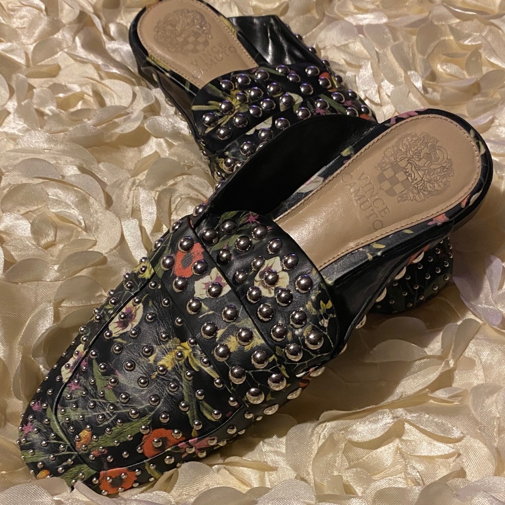 Vince Camuto Black Floral Studded Mules
